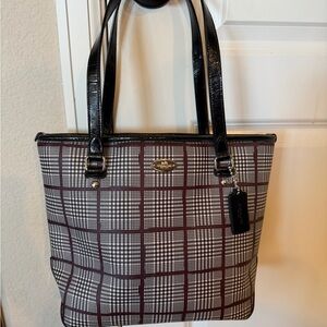 Coach Black and Brown Plaid Tote Bag